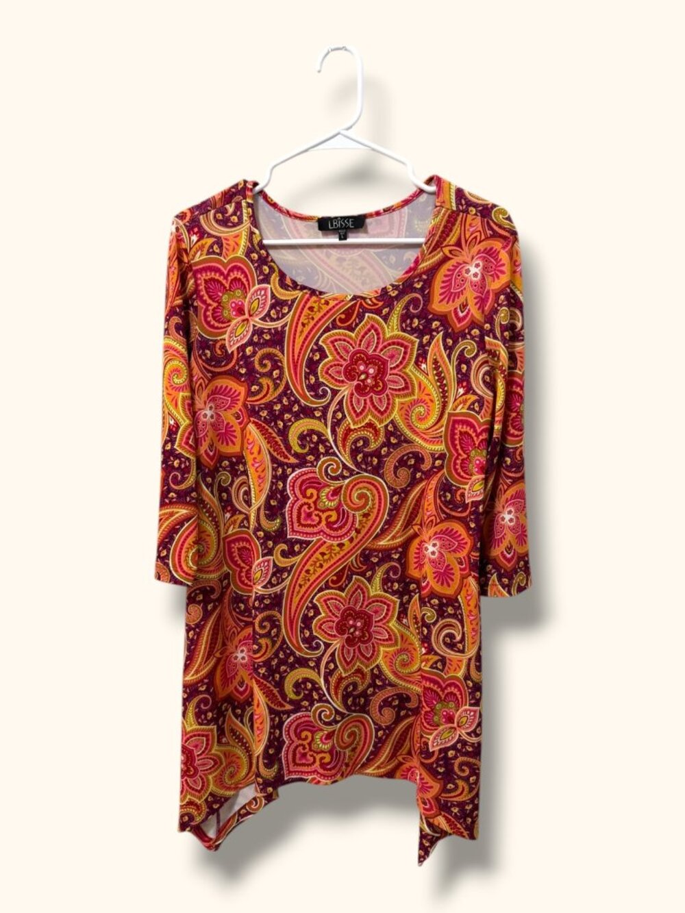 LBISSE Tunic Womens L Paisley Scoop Neck 3/4 Sleeve Asymmetric Hem Multicolor